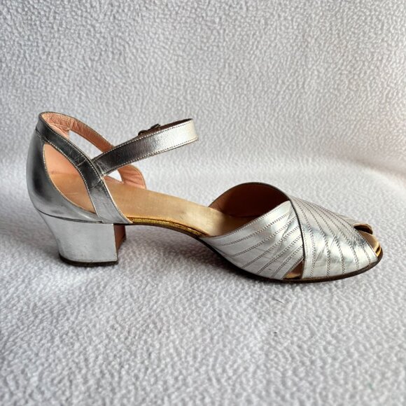Vintage Silver Chunky Heel Peep Toe Heels Pumps - Picture 10 of 12
